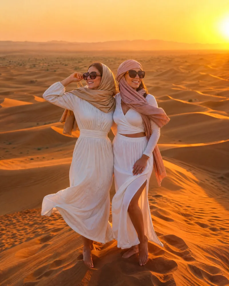 Guests on the red dunes at sunset during a Dubai desert safari