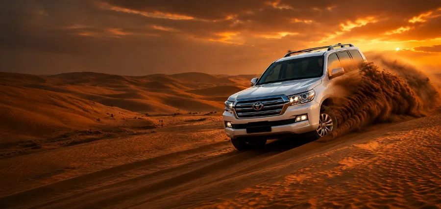 Desert Safari Dubai — 4x4 dune bashing at sunset over the Arabian desert